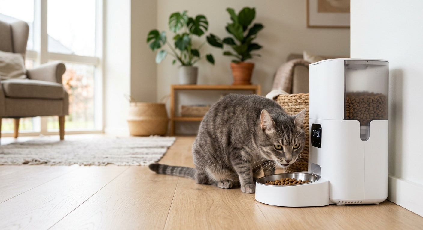 Kat der spiser fra en moderne automatisk katteskål på et rent køkkengulv