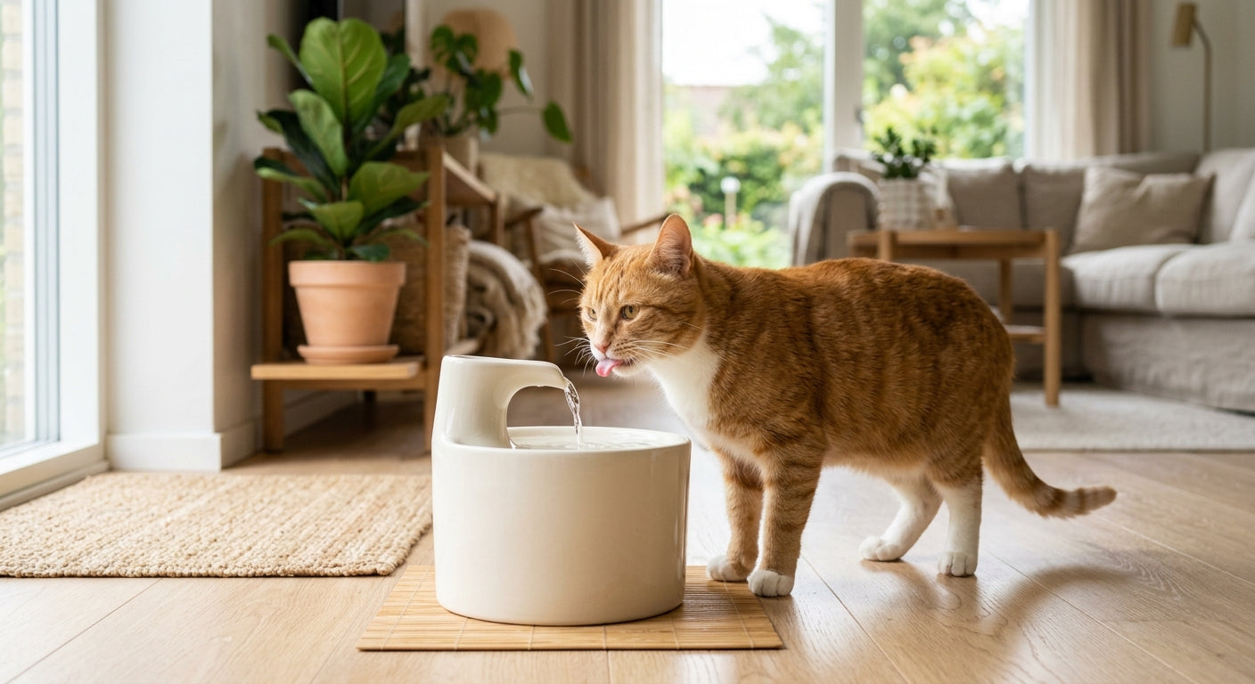 Kat der drikker fra et vandspringvand med rindende vand – tips til mere vandindtag