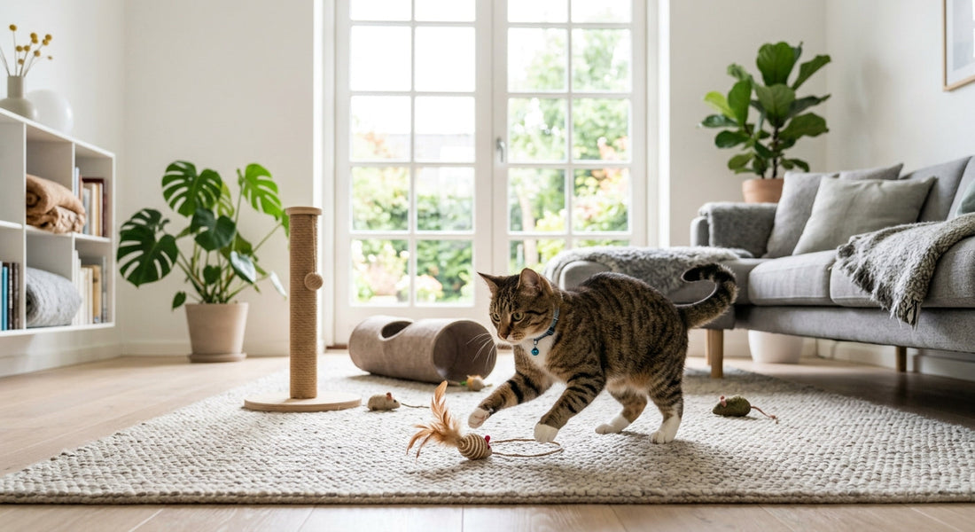 Legende kat med en fjerbold i et lyst stue-miljø – katte-underholdning og stimulering