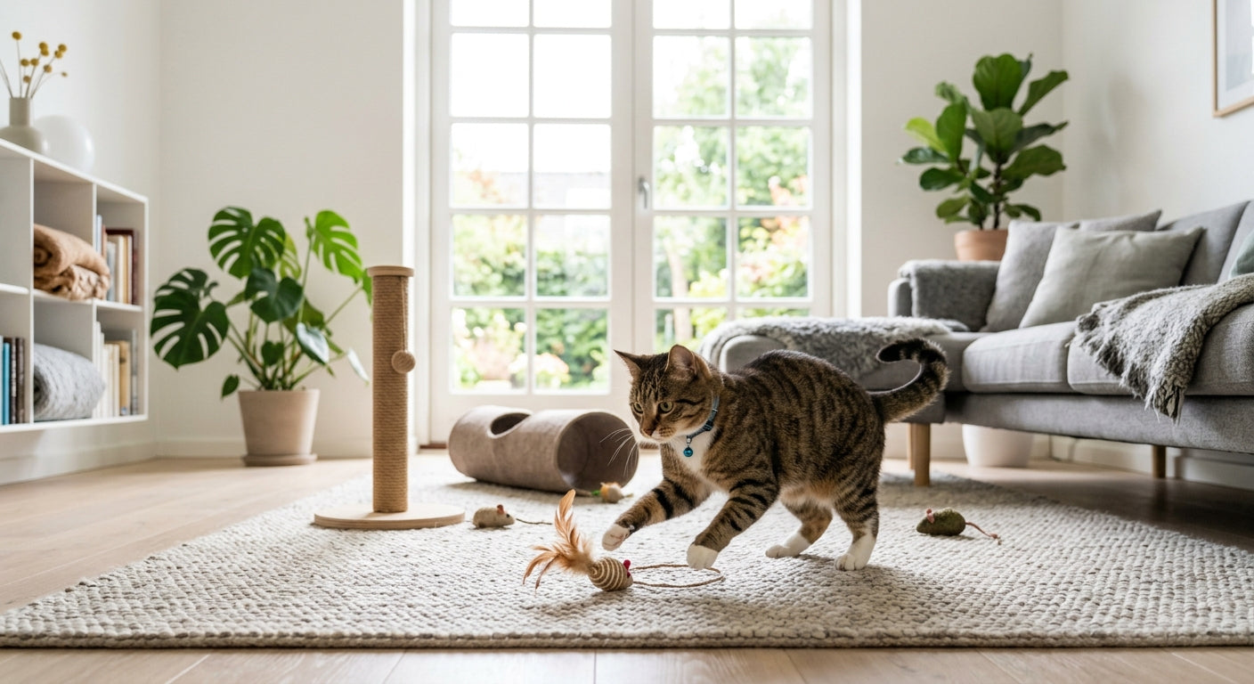 Legende kat med en fjerbold i et lyst stue-miljø – katte-underholdning og stimulering