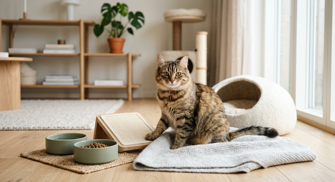 Samling af katte-udstyr inklusiv skåle, legetøj og vandspringvand til en ny kat