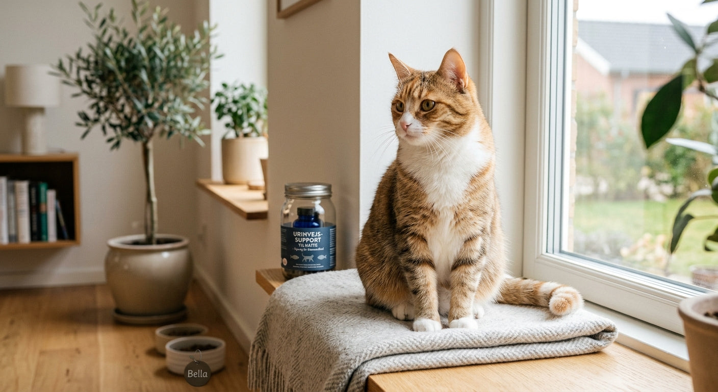 Sund kat der hviler sig roligt på en sofa – urinvejssundhed og velvære hos katte
