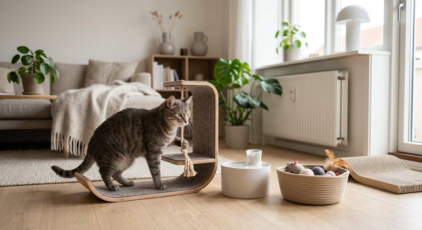 Udvalg af moderne og sjove katte-produkter og gadgets i et stilrent hjem