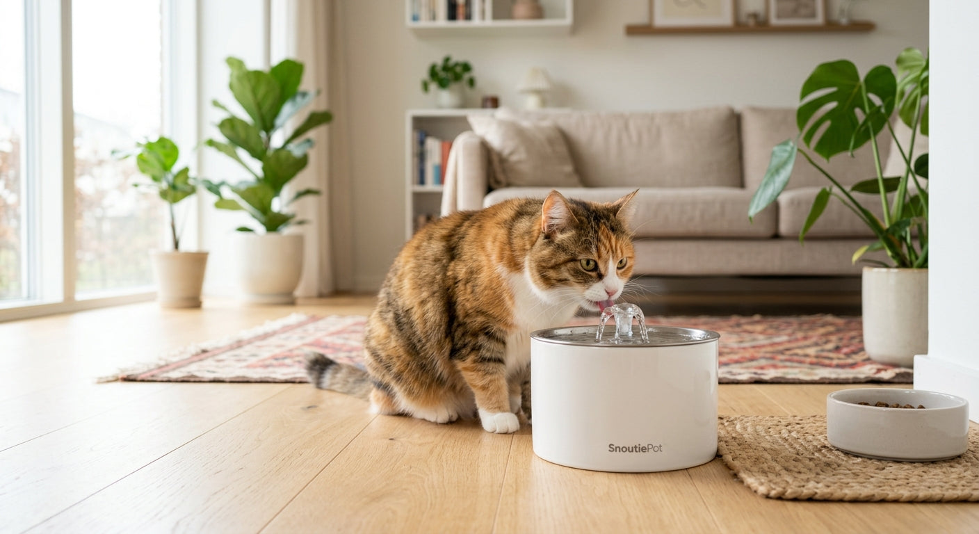 SnoutiePot katte-vandspringvand i rustfrit stål med rindende vand på et køkkenbord